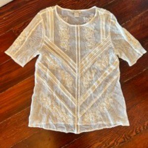 Lucky Brand Sheer Short Sleeve Blouse w/ Lace & Floral Details